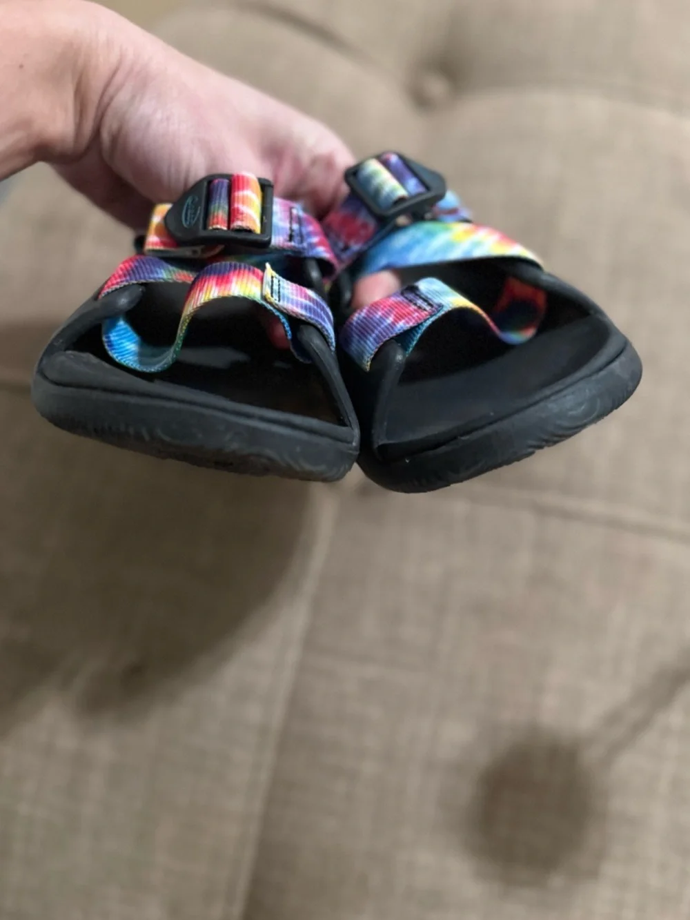 Chaco Kids Black Sandals with Rainbow Tie-Dye Straps